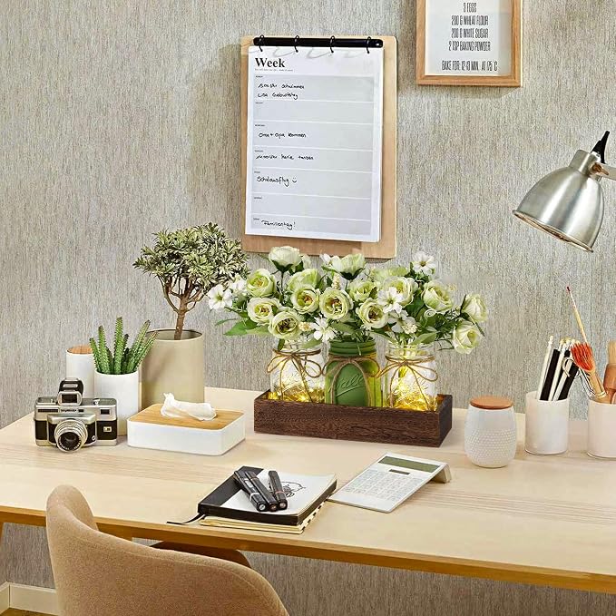 3 Pcs Mason Jar Centerpiece Table Decorations for Dining Farmhouse Coffee Table Decor with Wood Tray and Led Light Table Centerpieces for Dining room Kitchen Living Bathroom,Green