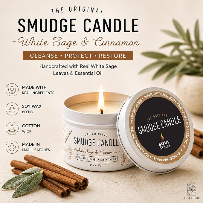 SOUL STICKS Smudge Candle for Cleansing House, Meditation, Chakra Healing, Aromatherapy | 3.5 Ounce Smudge Candle for Spiritual Cleansing (White Sage & Cinnamon)