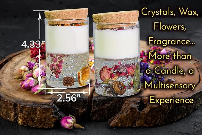 Crystal Candle Gift Set, Organic Natural Flowers in Yelly, Aromatherapy, Healing Gemstones, Botanical Scented Fragrance, Manifestation, Intention, Gel Candle, Christmas, Mother’s Day, Gift for Woman