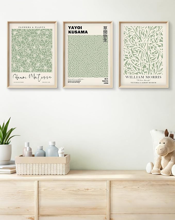 HesenDot Framed Wall Art Set of 3, Sage Green Botanical Wall Decor | 12x16IN High Framed Design Canvas Prints, Matisse Inspired Minimalist Art for Living Room Bedroom Bathroom