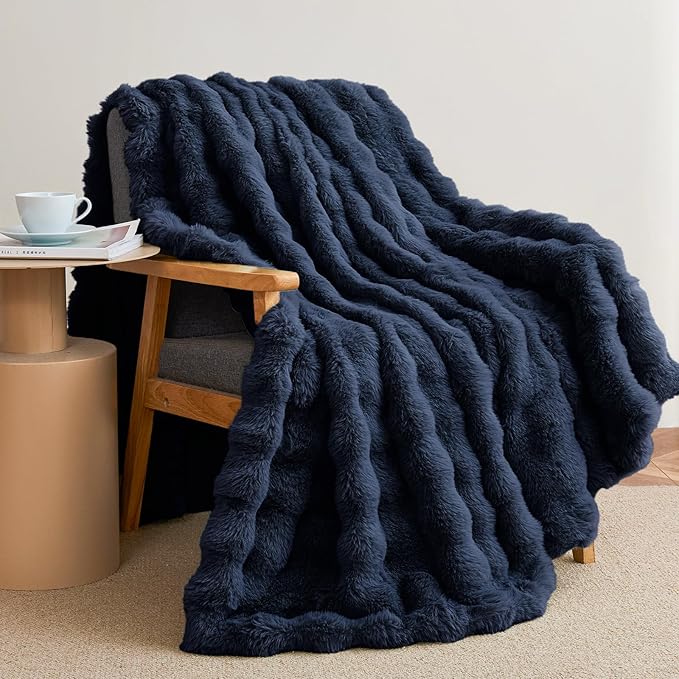 Faux Rabbit Fur Throw Blanket for Couch, Navy Blue Throw Blankets 50"x60" | Cozy Reversible Fluffy Throw, Luxury Plush Thick Bubble Blanket, Mothers Gifts for Women, Soft Warm for Bed, Home Decor