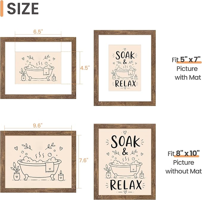 upsimples 8x10 Picture Frame, Display Pictures 5x7 with Mat or 8x10 Without Mat, Wall Hanging Photo Frame, Rustic Brown, 1 Pack
