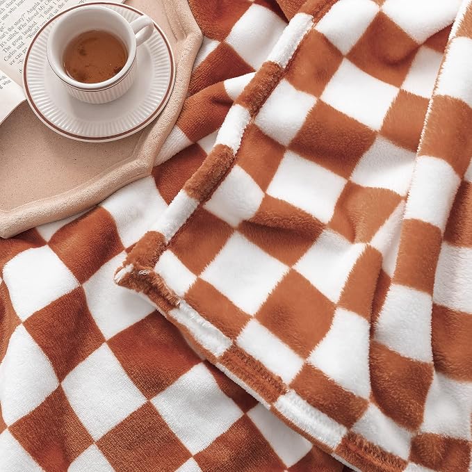 LOMAO Throw Blankets Flannel Blanket with Checkerboard Grid Pattern Soft Throw Blanket for Couch, Bed, Sofa Luxurious Warm and Cozy for All Seasons (Maple Brown, 60"x80")