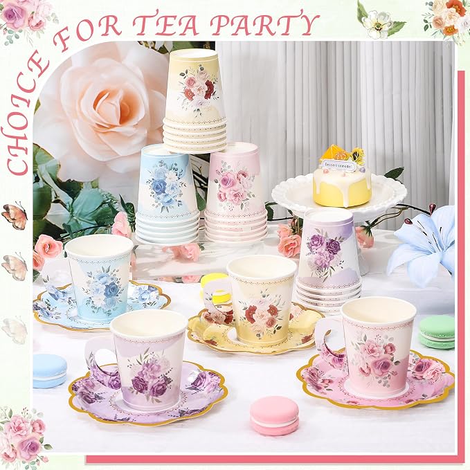 24 Sets Disposable Paper Tea Cups 7 OZ Floral Tea Party Cups with Handle and Plates Teacups and Saucer Sets for Garden Party Baby Bridal Shower Birthday(Watercolor Style)