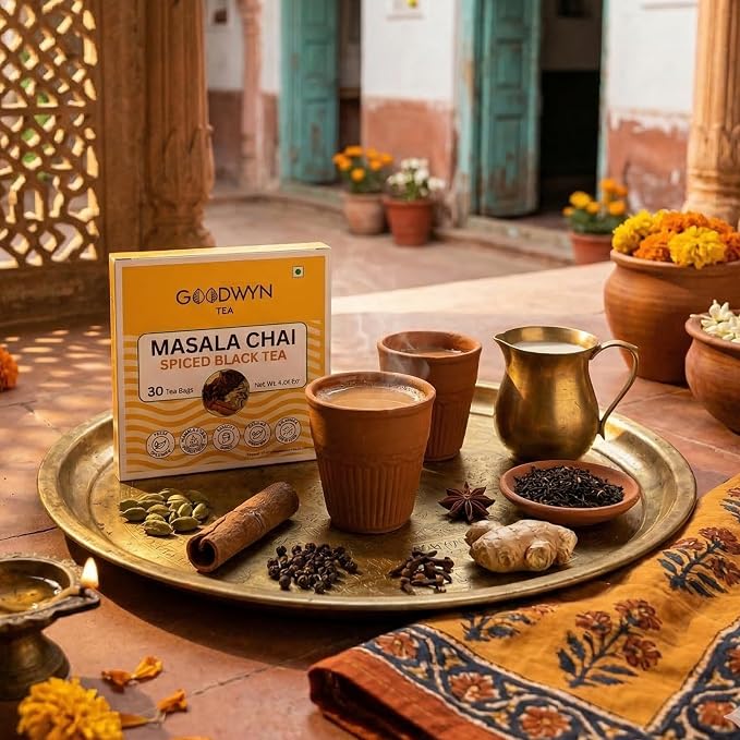 Goodwyn Masala Black Tea Chai (30 Tea Bags) | Authentic Indian Spiced Tea | Kadak Doodh Chai | Real Herbs & Spices | From Own Tea Estates in Assam | 100% Natural | Plastic Free Tea Bags | Bold & Aromatic | Traditional Masala Chai for Daily Enjoyment