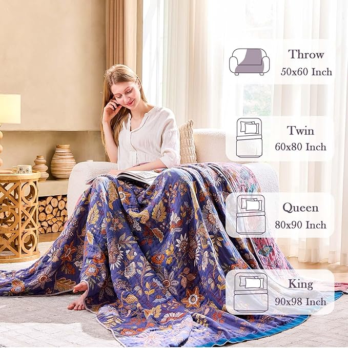 XIBLC Boho Blanket, 100% Cotton Farmhouse Decorative Throw Blanket, 90"x98" Reversible Bohemian Throw Blanket, Purple All Season Muslin Breathable Woven Blankets Quilt