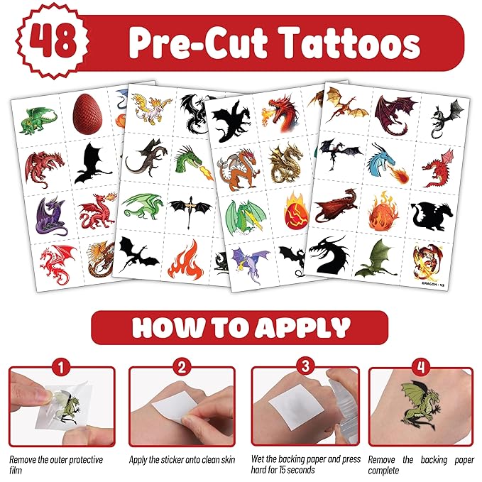 72PCS Dragon Party Set – 48PCS Temporary Pre - cut Tattoos & 24PCS Slap Bracelets – Fun Fantasy - Themed Birthday Supplies, Baby Shower Gifts, Classroom Rewards & Party Decor for Kids (Boys & Girls)