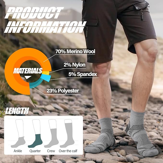 ANTSANG 6 Pairs Merino Wool Quarter Ankle Hiking Running Socks Compression Thermal Thick Cushion Socks for Women Men