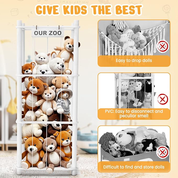 Woodure Stuffed Animal Storage & Organizer, Wooden Cute Zoo Toy Holder for Toddler Rooms, Playrooms & Bedrooms（White）