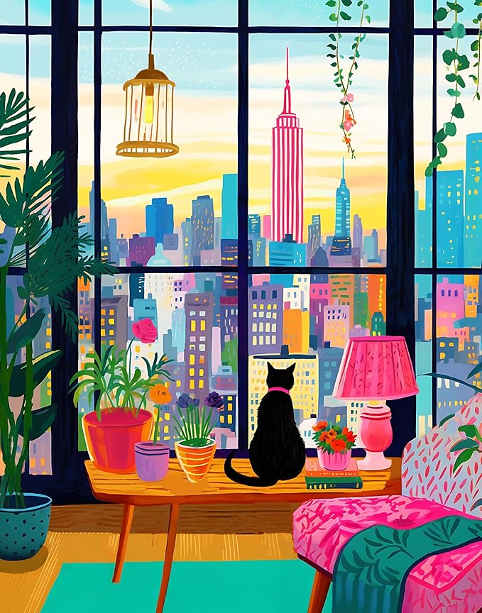 Puzzle for Adults 1000 Pieces, Cat in New York, Colorful Challenging Jigsaw Puzzle, Mate Finish, Poster Included 1000 Piece Puzzle for Adults, Stress Relief Art Puzzle.