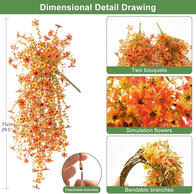 Artificial Fall Flowers for Decoration Fake Hanging Flowers Outdoors Decor | 2PCS Faux Mums Silk Flower UV Resistant No Fade for Autumn Outdoor Home Planter Porch Patio Yard Garden(Orange Golden)