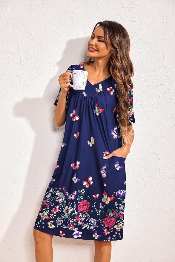 Ekouaer Womens House Dress Floral Print Nightgown with Pockets Mumu Dress