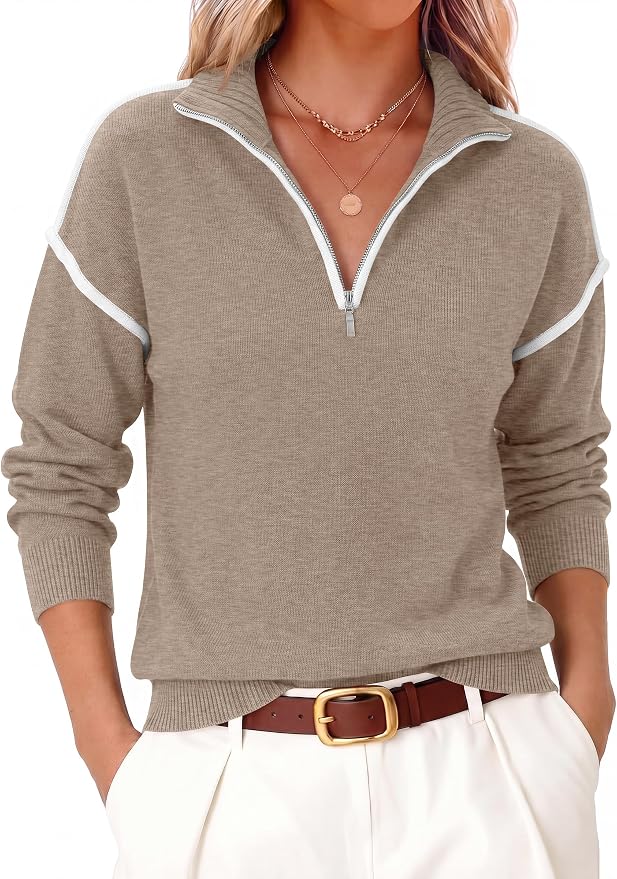 ANRABESS Womens Quarter Zip Sweaters Fall Long Sleeve V Neck Shirts Collared Business Casual Tops Knit Pullover Sweatshirts