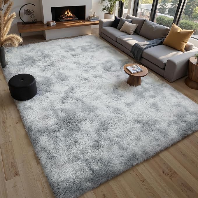 Grey Fluffy 8x10 Area Rug, Tie-Dye Light Gray Soft Washable Shag Carpet | Cute plush fuzzy rug for bedroom, living room, kids room, nursery, baby, and toddler