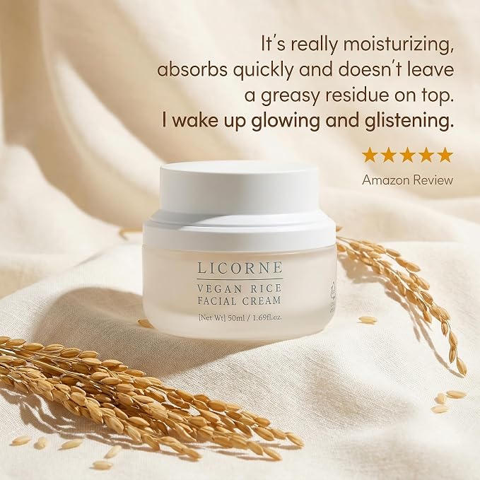 LICORNE Vegan Rice Facial Cream with AHA & PHA – Lightweight Korean Moisturizer, Rice Bran Extract, Niacinamide & Glycolic Acid, Smooth Dewy Glass Skin, Daily Face Cream Sensitive Skin, 1.69 fl oz