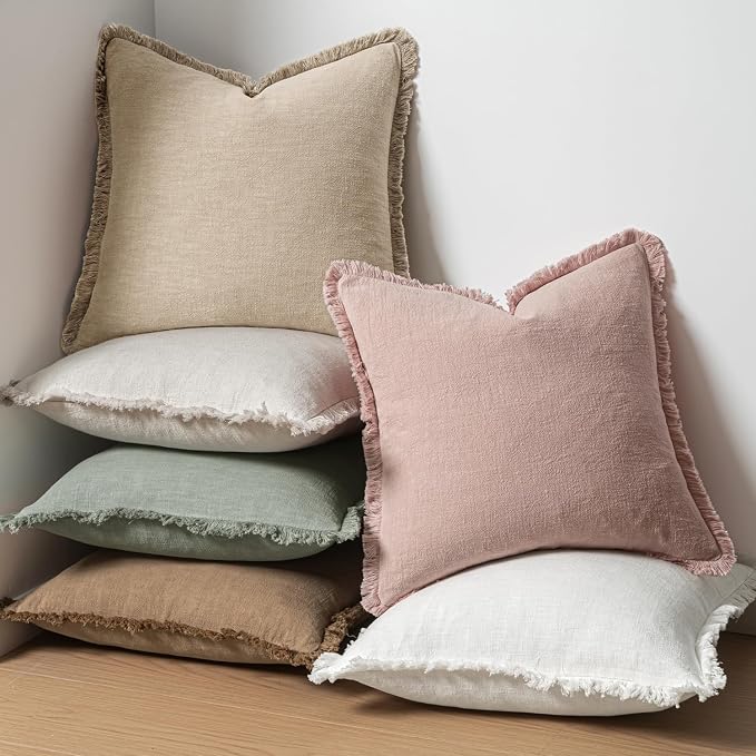 MIULEE Boho Linen Fringe Decorative Throw Pillow Covers Light Pink 18x18 | Set of 2, Cottagecore Decor, Boho Farmhouse Neutral Pillow Covers, Rustic Couch Cushion Cases for Sofa Bed Living Room