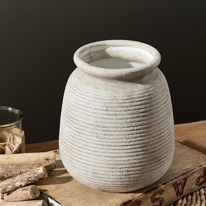 Ceramic Flower Vase, Rustic Farmhouse Decorative Vase Pottery Wide-Mouth Vases for Home Decor Table Entryway Mantel Bookshelf Living Room Bedroom Bathroom Kitchen - 7.48" D