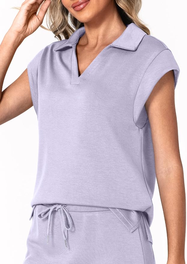Casly Lamiit Womens Two Piece Skirt Sets Casual Cap Sleeve Lapel V Neck Tops Summer Travel Outfits Short Tennis Skort Set