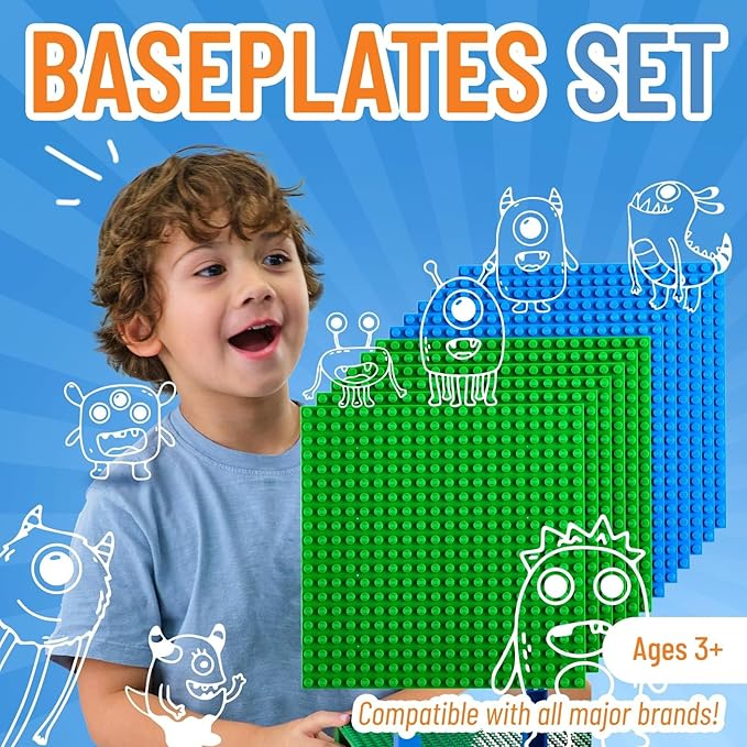 Strictly Briks Stackable Baseplates - Compatible with All Major Building Brick Brands - 6x6 in, 12-Pack, Blue & Green - Stackable Top & Bottom with Interlocking Studs