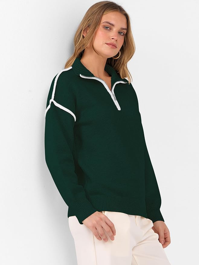 ANRABESS Womens Quarter Zip Sweaters Fall Long Sleeve V Neck Shirts Collared Business Casual Tops Knit Pullover Sweatshirts