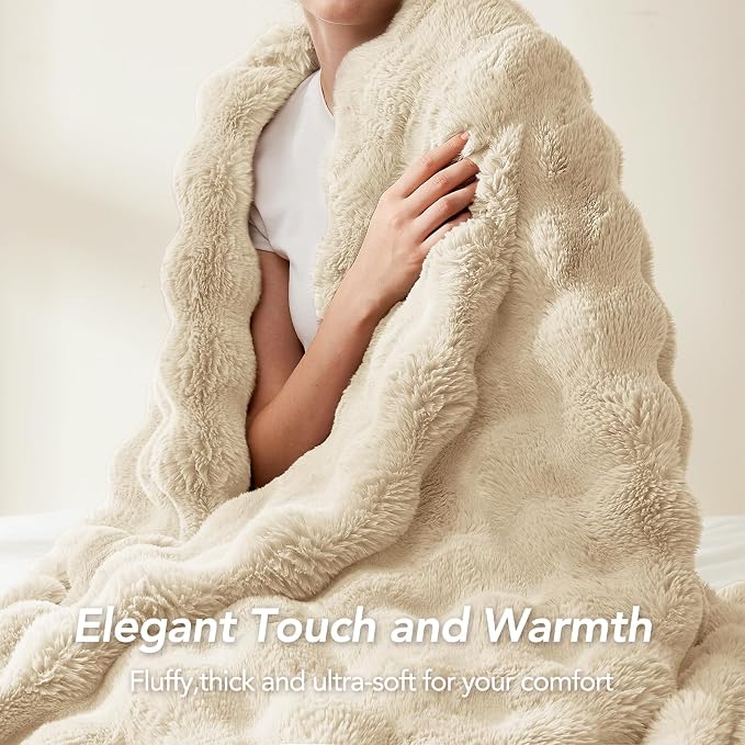 L'AGRATY Faux Rabbit Fur Throw Blanket for Couch, 90'' x 90'' Almond White | Soft Cozy Bubble Fluffy Blanket for Sofa Bed, Thick Warm Plush Fuzzy Throw for Room Home Decor, Luxury Gift for Women Mom
