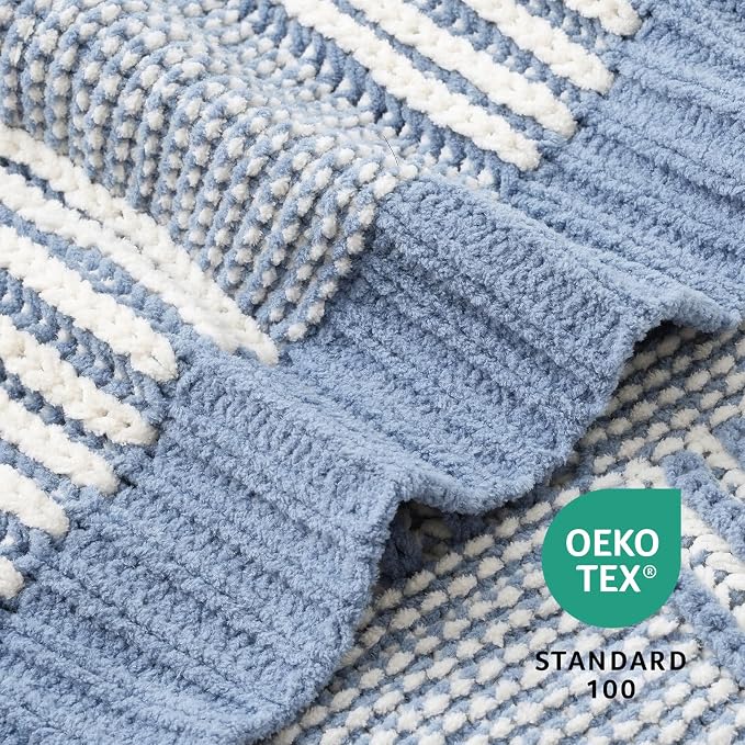 Knit Throw Blanket, Soft Chenille Cozy Breathable Dual Tone Checkered Chunky Decorative Blanket for Couch, Bed & Sofa, French Lightweight Warm Gift for Women, Washed Blue, 50"x60"
