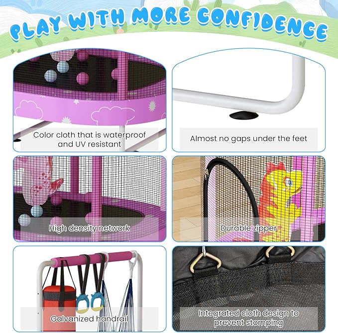 LAMERGE 55" 7-in-1 Round Trampoline for Kids Boys & Girls Ages 1-8, Indoor & Outdoor Trampoline for Fun, Adjustable Height Handrail ＆ Enclosed Safety Net ＆ Durable Designs for Toddlers Children