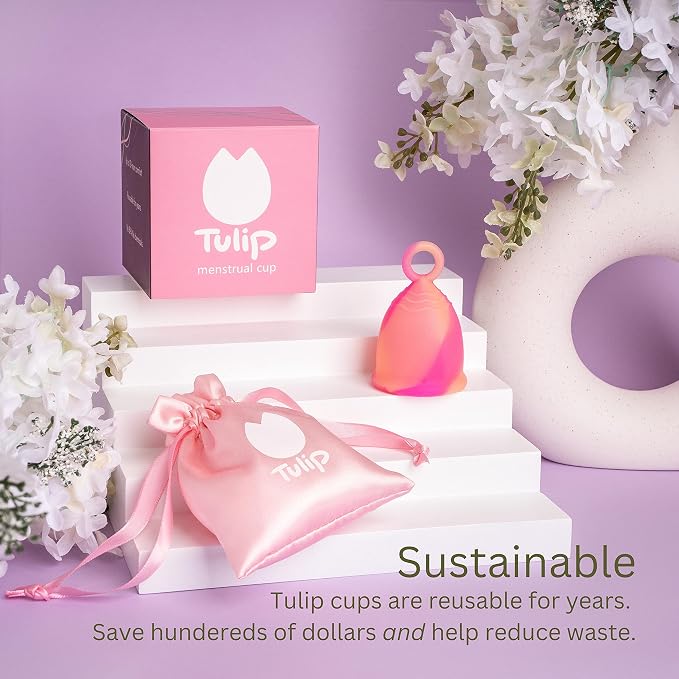 Menstrual Cup with Ring Easy Removal (Medium) - 12 Hr Protection No Leak Soft Flexible - 100% Medical Grade Silicone - Safe and Sustainable Tampon and Pad Alternative - Reusable