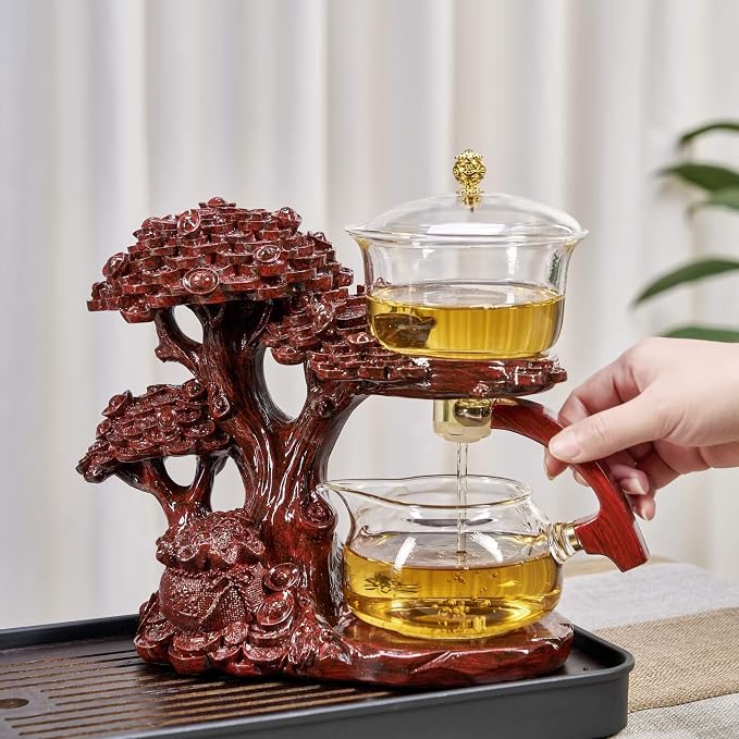 Zurucily Glass Teapot Set with Infuser Semi Automatic Tea Set Magic Teapot (Tree - red)