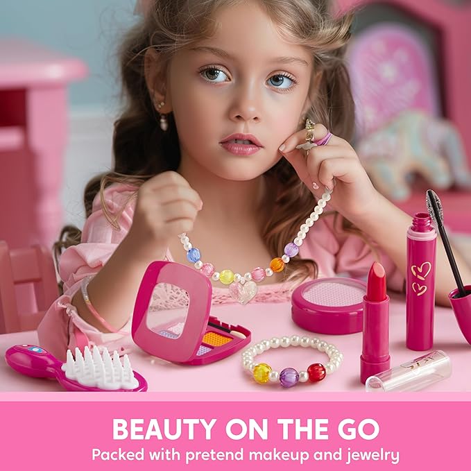 SYNCFUN Play Purse Set for Little Girls, 27 PCS Princess Toy Set with Handbags, Makeup, Phone, Wallet, Jewelry, Lipstick & Keys, for Girls 3 4 5 6 Years Old Toddlers Kids