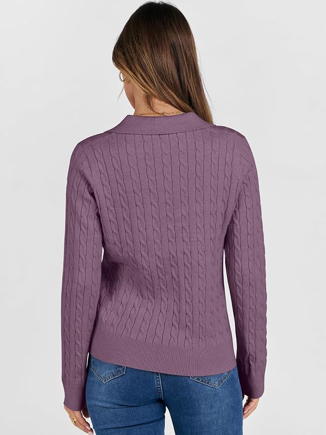 ANRABESS Womens Cable Knit Sweaters Long Sleeve V Neck | Pullover Collared Sweater Tops, Polo Knit Shirts, Business Casual Work, Tennis Golf, Fall Winter Fashion Outfits