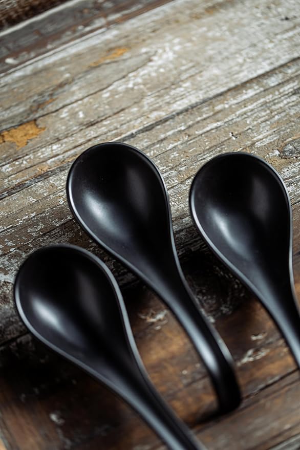LYEOBOH Soup Spoons, Ceramic Ramen Spoon Set of 6-6.5inch Japanese Spoons | Chinese Spoons with Deep Hook Non-slip, Stackable Korean Spoons Deep for Pho Pasta Cereal, Dishwasher & Microwave Safe, Black