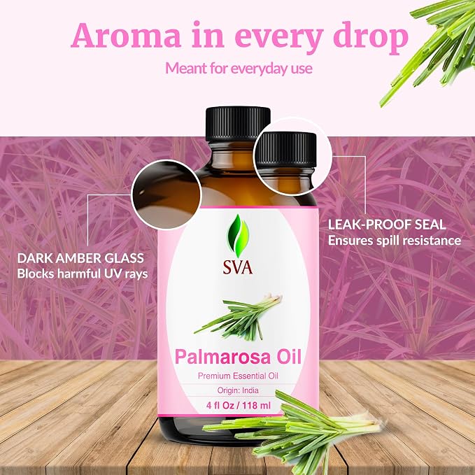 SVA Palmarosa Essential Oil 4 Fl Oz – for Diffuser, Skin & Hair Care – Ideal for Massage & DIY Blends – with Dropper