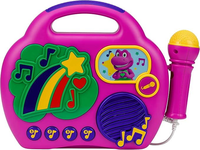 eKids Barney Karaoke Microphone with Boombox for Fans of Toddler Toys, Kids Karaoke Machine with Built in Music (Barney)