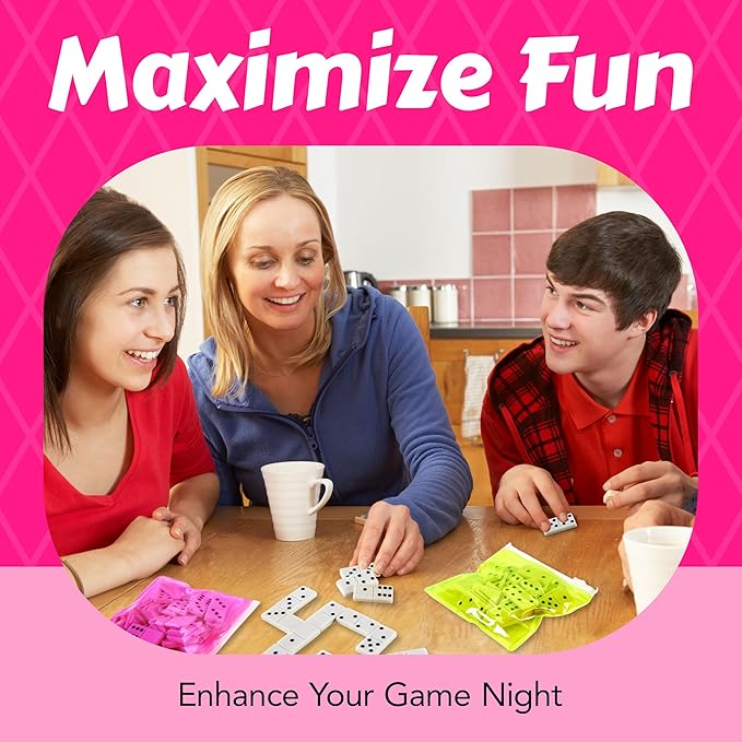 Domino Game Set Pack of 12 Each Bag includes 28 Pieces of Dominoes Set Comes with Colorful Bags Neon Pink Yellow Green and Orange - Awesome Party Favor, Educational Toys Adults & Teens
