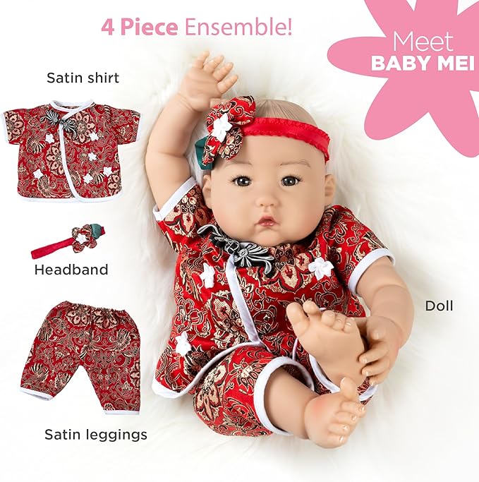 Paradise Galleries 20 Inch Asian Realistic Reborn Baby Girl Doll with Panda Outfit and Lovely Red Headband Gift Set for Kids – Baby Mei