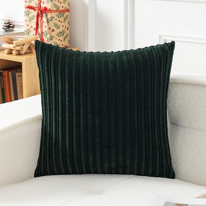 UGASA Velvet 20x20 Inch Soft Throw Pillow Cover Decorative Striped Corduroy Both Sides Solid Square Cushion Case Boho Farmhouse for Couch Bedroom Sofa Home, 1 Piece, New-Dark Green