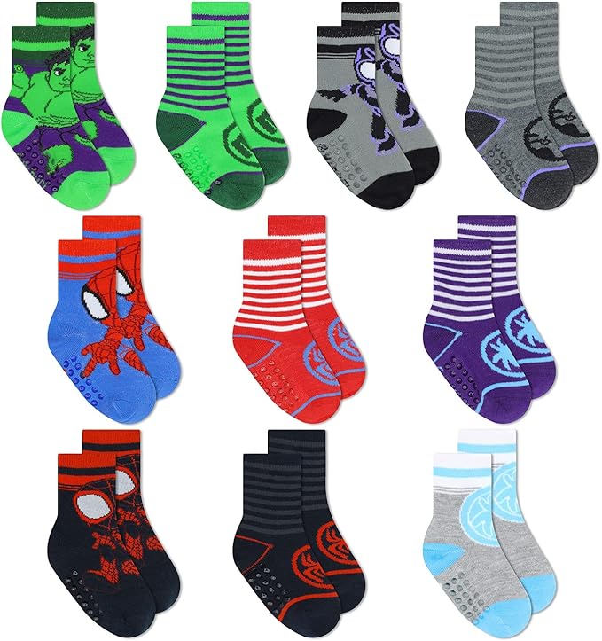 Marvel Spiderman Grip Socks, 10 Pack, Toddler Boys, Ankle Length, Multicolor, Small