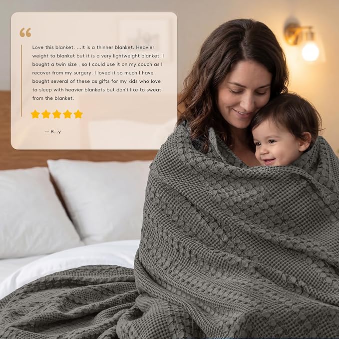 PHF 100% Cotton Waffle Blanket Twin Size, Lightweight Breathable Summer Blanket for Hot Sleepers, Pre-Washed Soft Layer for Bed, Dorm, Couch & Guest Room, Home Decor Gift, 66"x90", Charcoal Grey