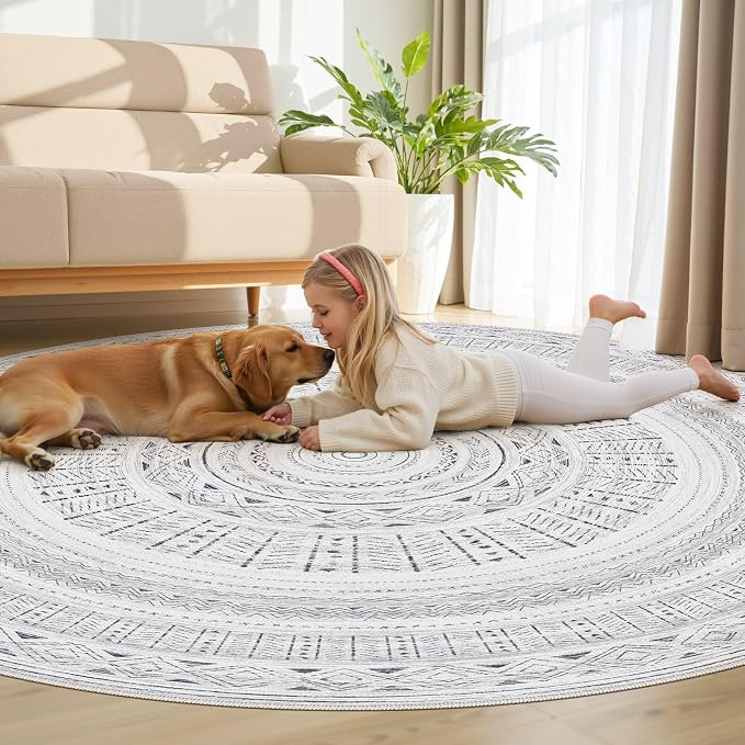 cotiled 8x8 Round Area Rugs Living Room Rug: Washable Boho Rugs with Non Slip Backing Large Soft Indoor Stain Resistant Carpet for Bedroom Farmhouse Dining Room Lightweight Home Decor Dark Grey