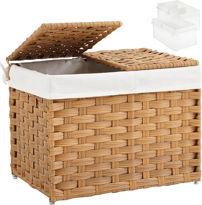 SETVSON Storage Basket with Lid Woven Wicker Baskets, 35L Natural | 9.2 Gallon Storage Bin with 2 Separate Lids, 2 Removable Liner Bags with Divider for Small Clothes, Sturdy Metal Frame
