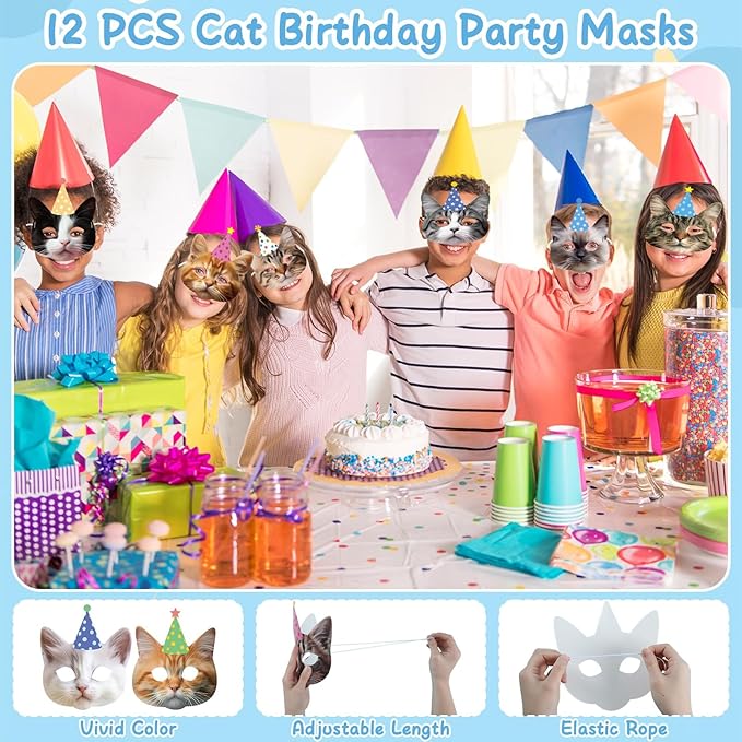 12 Pieces Cat Birthday Party Decoration Masks Cat Favors Kitten Party Kitten Decoration Masks Facial Cats Theme Cats Supplies for Birthday Kids' Dress Up & Pretend Play Supplies