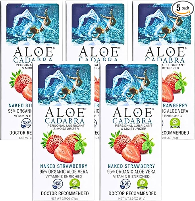 Aloe Cadabra Flavored Personal Lubricant & Vaginal Moisturizer, NSF Certified Organic Edible Aloe Lube for Men, Women & Couples, Non-Staining, pH Balanced, Toy Compatible (Strawberry, 2.5oz, 5 Pack)