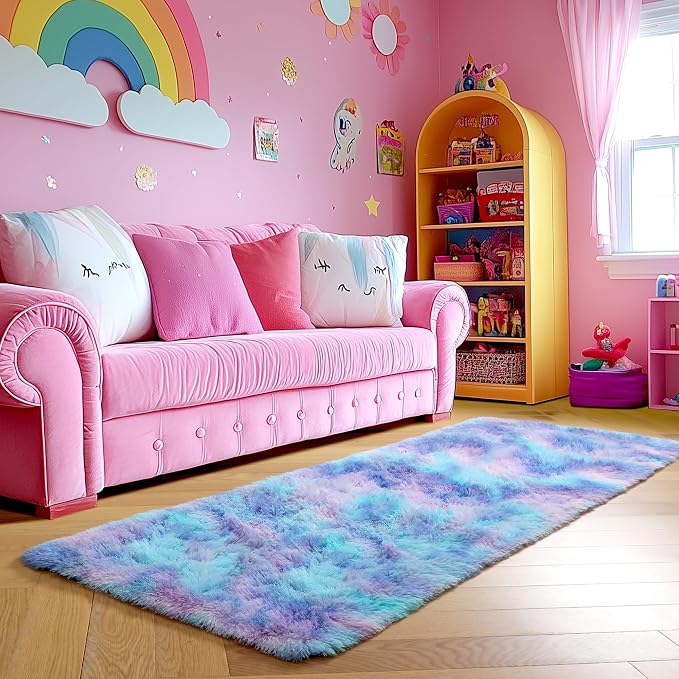 Amdrebio Purple Rainbow Mermaid Fluffy Runner Area Rug 2x6 for Kids Bedroom | Plush Furry Shag Pastel Girls Carpet, Baby Nursery Classroom Dorm Playroom Decor, Cutecore Kidcore Aesthetic, Pink Blue Color