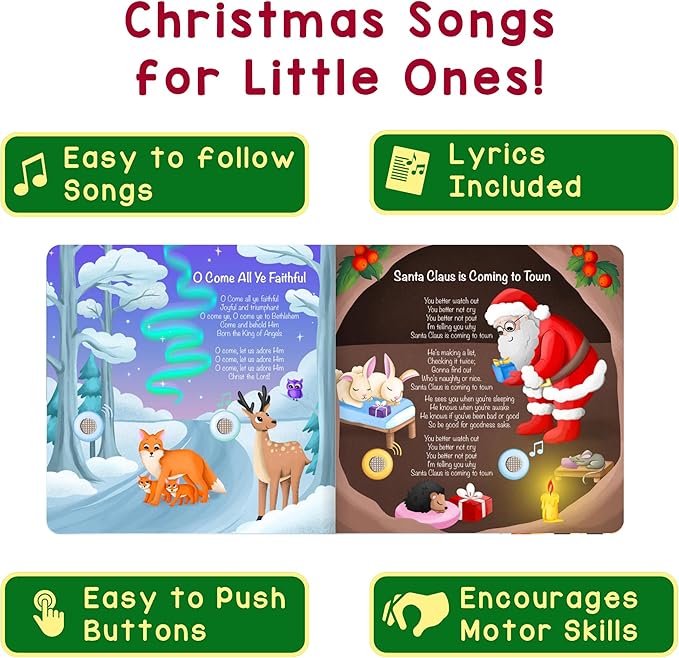LEARNING BUGS Christmas Songs – Sing Along with 15 Festive Holiday Tunes, Musical Book for Toddlers, 28-Button Music Book, Musical Toys for Toddlers 1-3
