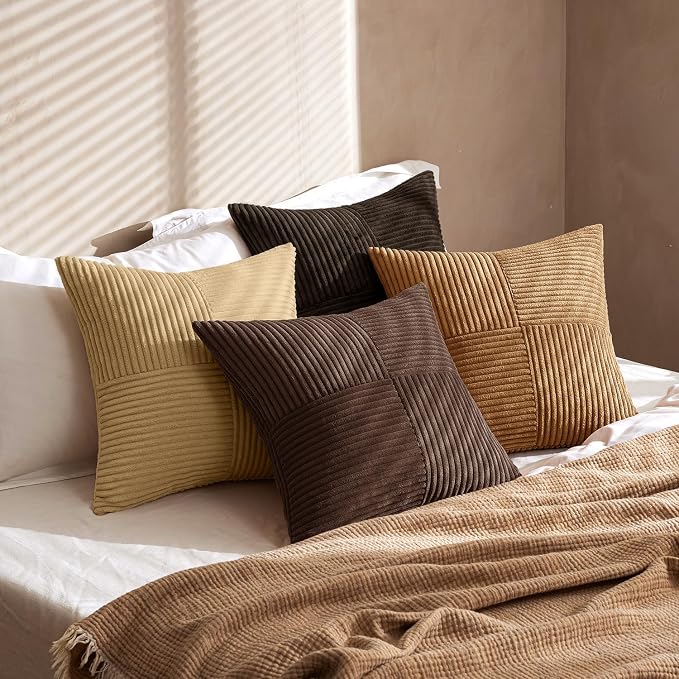 MIULEE Boho Decorative Throw Pillow Covers 20x20 Set of 4 Farmhouse Neutral Cushion Cases Gradient Corduroy Pillow Cases Modern Soft Corduroy Patchwork Home Decor for Couch Sofa Bedroom Camel Brown