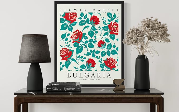 Bulgaria, Rose Art Print Poster, Flower Market Wall Art, Floral Artwork Decor for Bedroom, Kitchen, Bathroom, Livingroom Decoration 52 (Bulgaria, Rose, 10"L x 8"W, Black Frame)