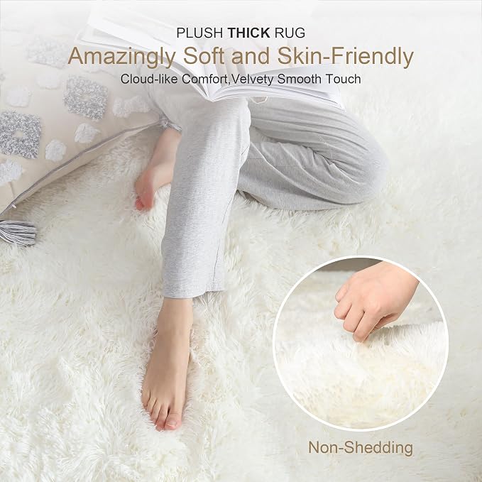 KICHOWUA 4x6 Thick Cream White Fluffy Shag Plush Washable Rug for Bedroom | Area Rug for Living Room, Kids Nursery, Boys Girls Dorm Room, Non Slip Shaggy Carpet