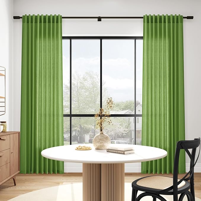 Lime Green Linen Curtains 72 Inch Long for Living Room Bedroom Lightweight Door Drapes 2 Panels Set, Semi Sheer Light Filtering Back Tab or Rod Pocket Curtain,52x72