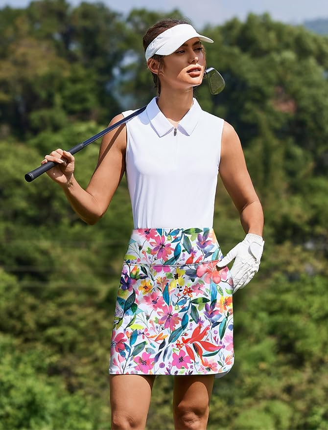 PINSPARK 18" Skorts for Woman Above Knee Length Golf Skirts 3 Pockets | High Waist, Built in Shorts, UV Protection, 4-Way Stretch, Soft, Dolphin Hem, Athletic, Tennis, Pickleabll, Casual